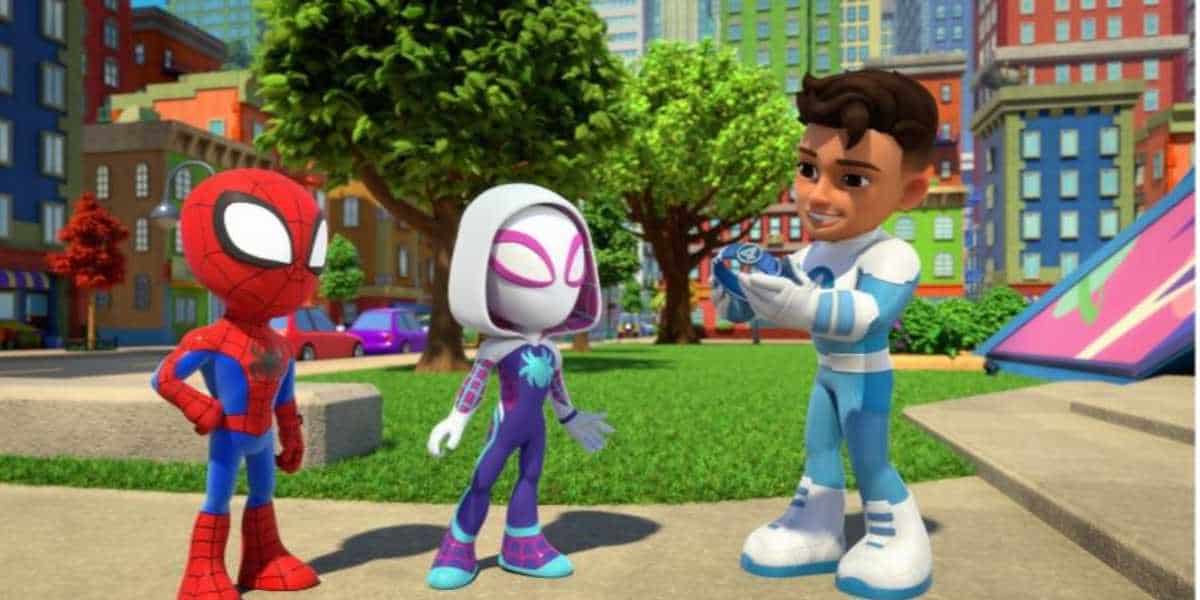 Spider-Man, Ghost-Spider, and Mister Fantastic in 'Spidey and His Amazing Friends'