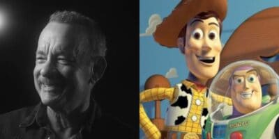 split image. on the left, Tom Hanks in SNL50. on the right, Toy Story characters woody and buzz