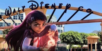 'Hexed' character Billie in front of the Walt Disney Co. sign