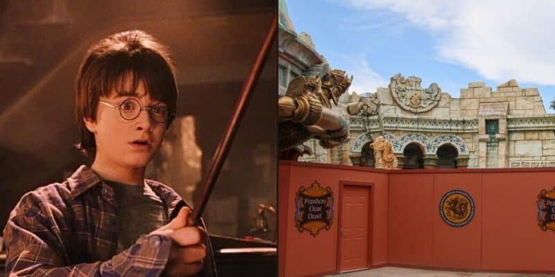 Left: Harry Potter holding his wand. Right: Demolition of the former Poseidon's Fury at Islands of Adventure at Universal Orlando Resort.