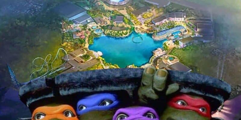 Mixed image: Front - the Ninja Turtles lifting a manhole cover in the 1990 film, Background - Universal United Kingdom Resort concept art