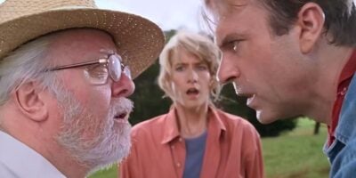L to R: John Hammond, Ellie Sattler, and Alan Grant at the Brachiosaur enclosure in 'Jurassic Park'
