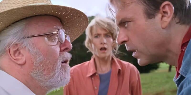L to R: John Hammond, Ellie Sattler, and Alan Grant at the Brachiosaur enclosure in 'Jurassic Park'