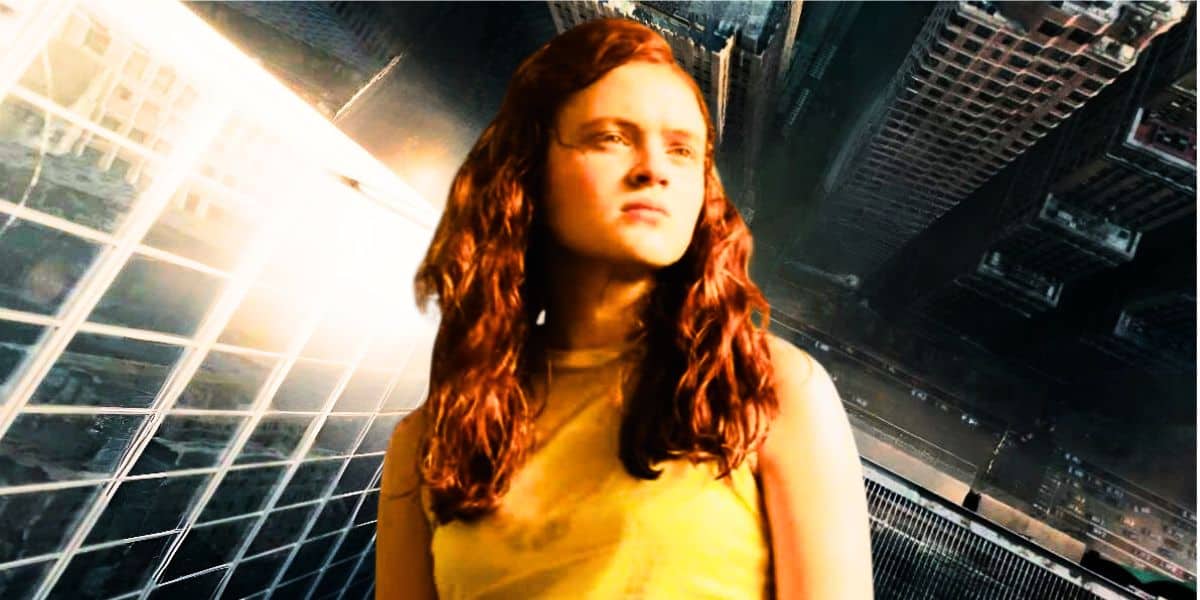 Mixed image: Background - New York skyline from 'Spider-Man: Brand New Day', Foreground - Sadie Sink from 'Stranger Things'