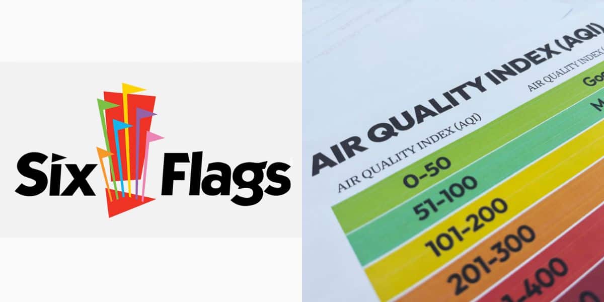 Six Flags logo on the left, with an air quality index chart featuring colorful bands and numbers on the right, helping guests plan their day at the park. Six Flags wildfire smoke closures
