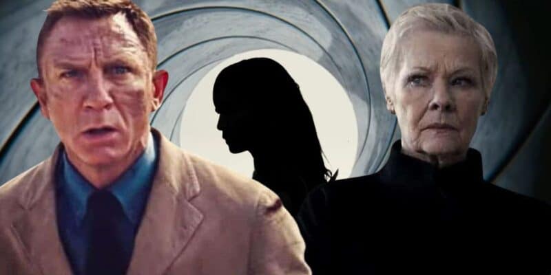 Mixed image: L - Daniel Craig in 'No Time to Die', R - Judi Dench as M. Background - Middle - the James Bond gun barrel intro, and a silhouette of Gemma Chan from 'Eternals'
