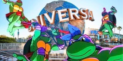 Mixed image: the animated Ninja Turtles from the 'Shredder's Revenge' intro in the foreground, and the Universal Studios globe in the background