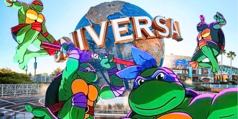 Mixed image: the animated Ninja Turtles from the 'Shredder's Revenge' intro in the foreground, and the Universal Studios globe in the background