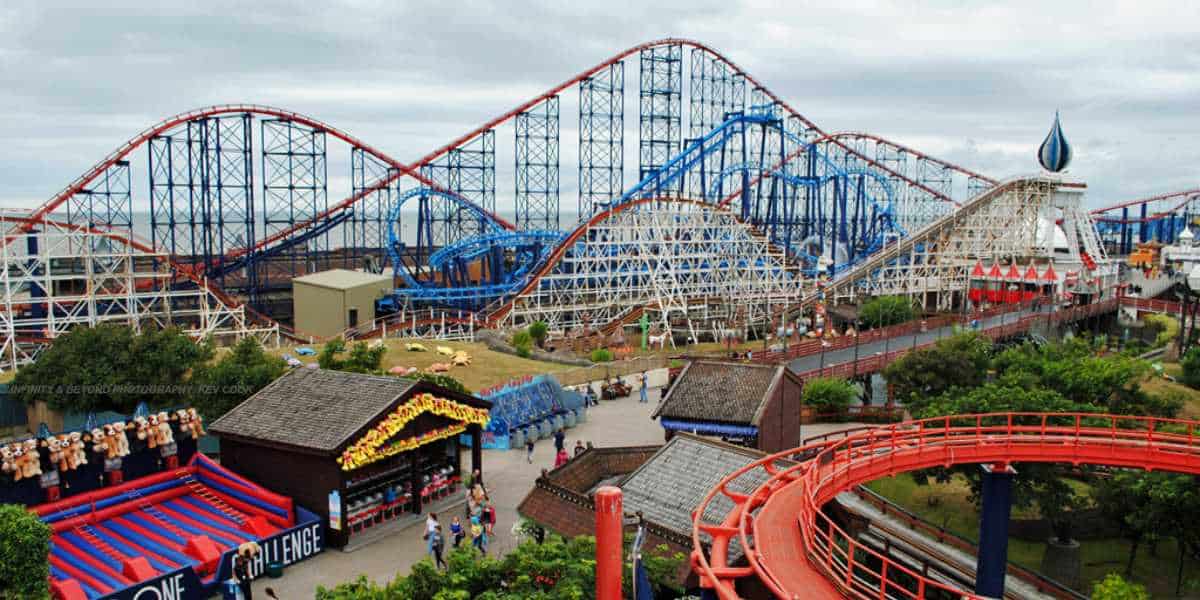 Blackpool Pleasure Beach overview with the Big Dipper roller coaster in the background