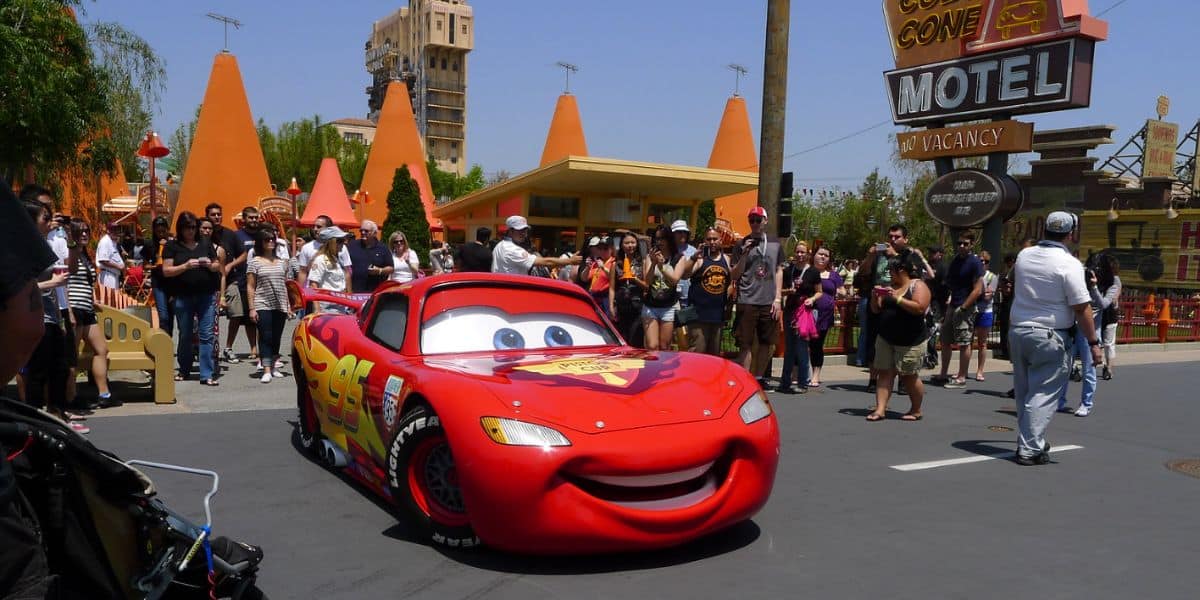Lightning McQueen in front of the Cozy Cone Motel in Cars Land at Disney California Adventure Park.