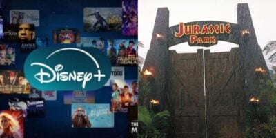 split image: on the left, Disney+ logo and titles. on the right, a screenshot of jurassic park gate from original film