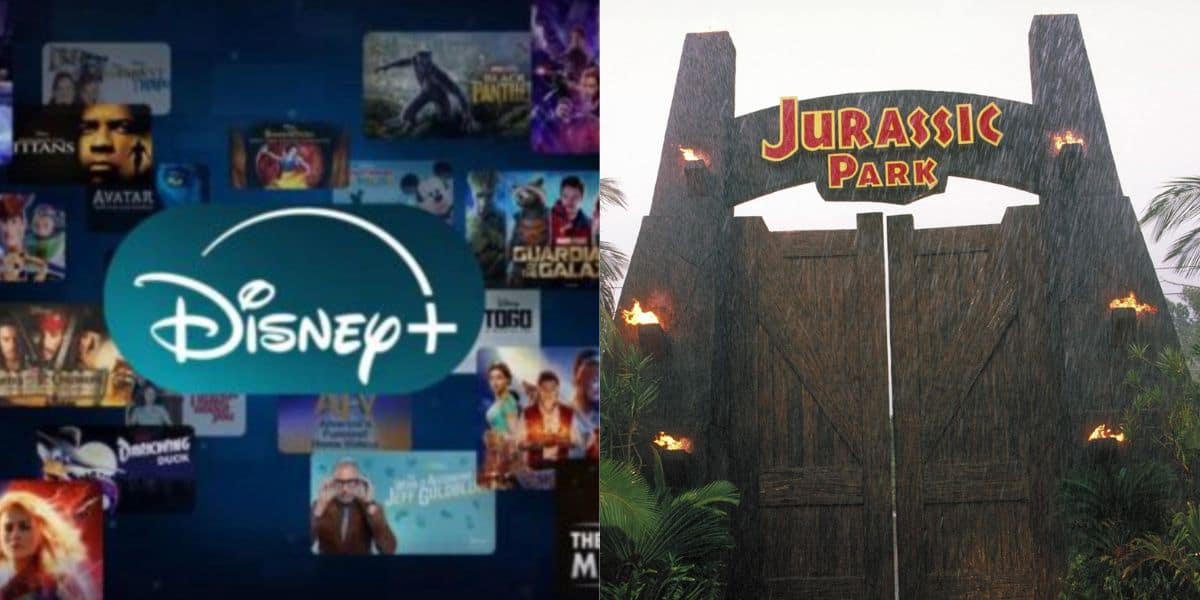 split image: on the left, Disney+ logo and titles. on the right, a screenshot of jurassic park gate from original film