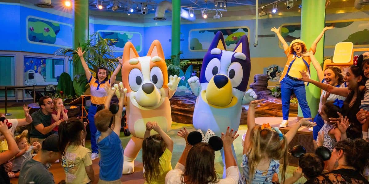 Bingo and Bluey at Bluey's Wild World experience in Animal Kingdom