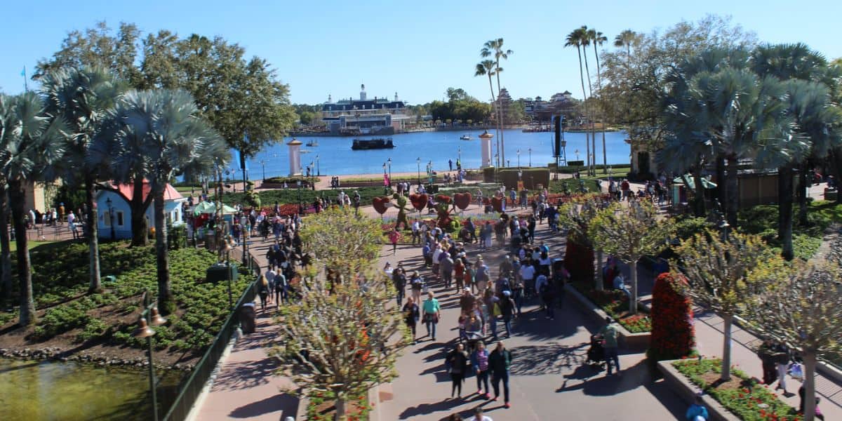 Guests walking toward the World Showcase at EPCOT