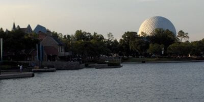 The World Showcase Lagoon in front of Spaceship Earth at EPCOT