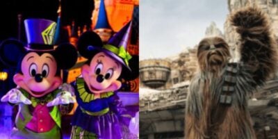 split image: on the left, Mickey and Minnie dressed up for disney world's halloween party. on the right, chewbacca in galaxy's edge