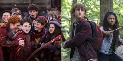 Harry Potter surrounded by friends after a Quidditch game (left), Percy Jackson and Annabeth Chase with weapons (right)