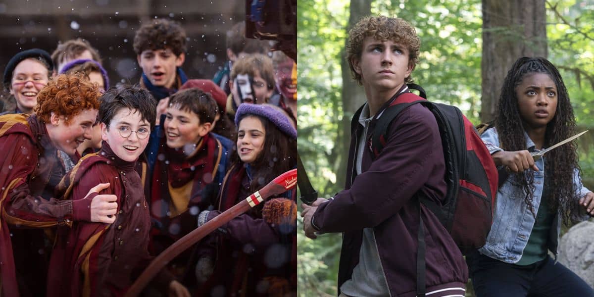 Harry Potter surrounded by friends after a Quidditch game (left), Percy Jackson and Annabeth Chase with weapons (right)