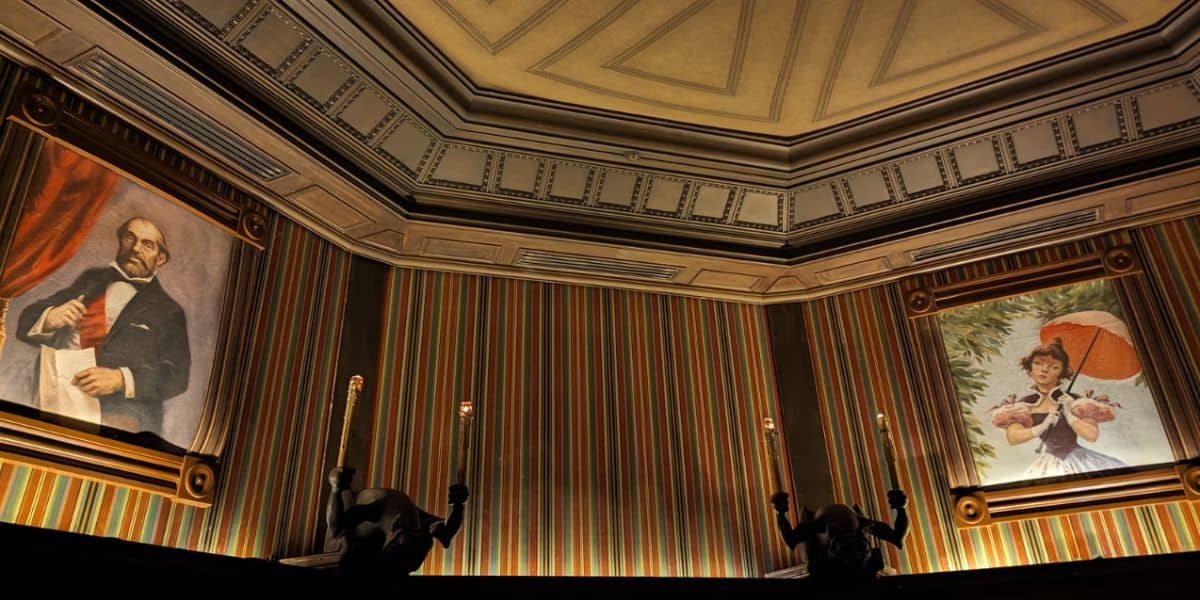 Two portraits in the Haunted Mansion stretching room