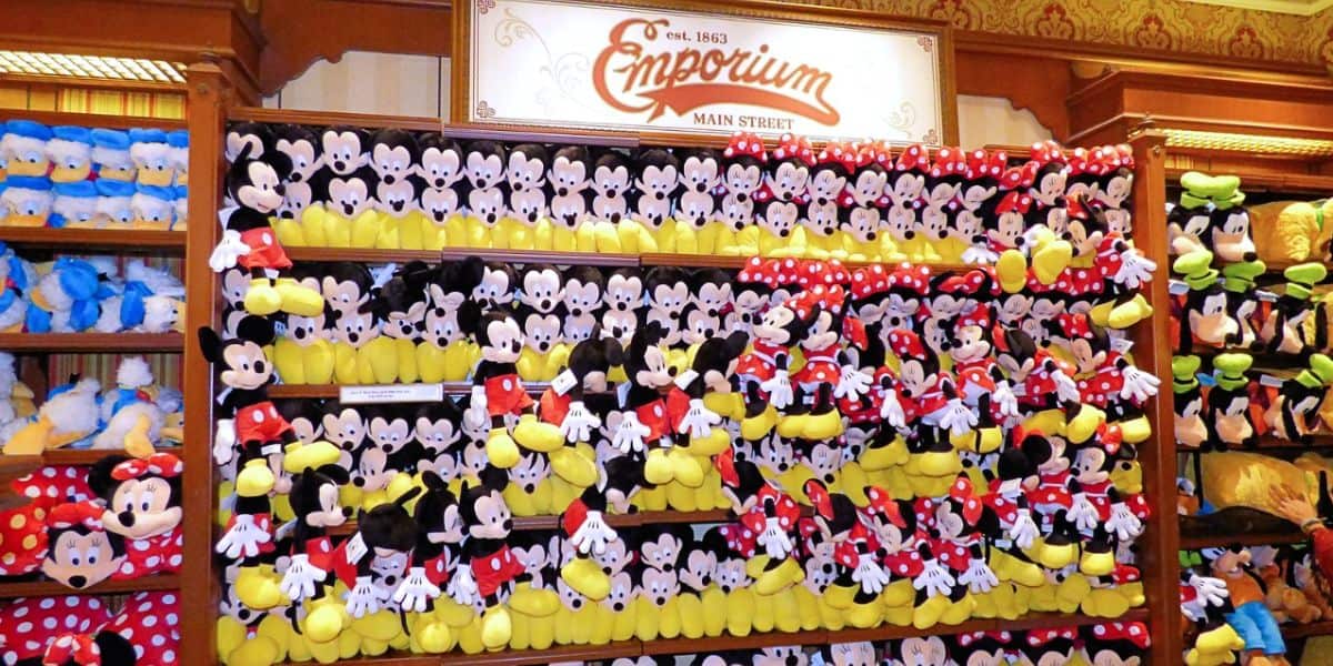 Mickey Mouse stuffed animals on the wall at the Emporium at Magic Kingdom