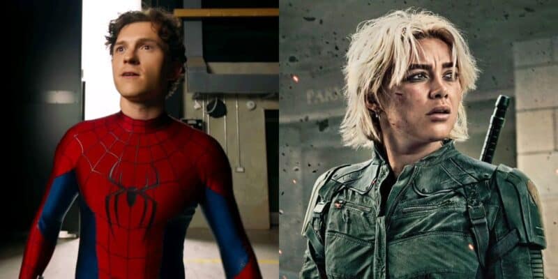 Tom Holland as Peter Parker (left), Florence Pugh as Yelena Belova (right)