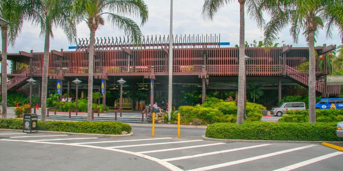 View of Disney's Polynesian Village Resort from the parking lot