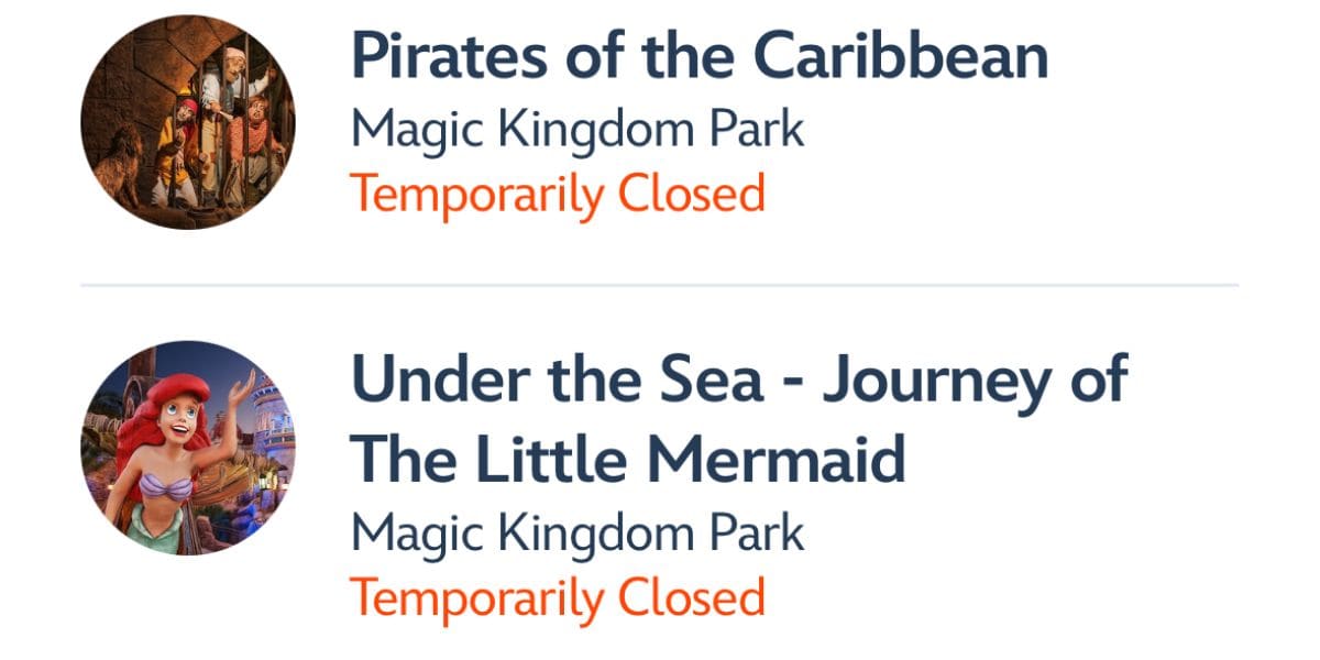 Pirates of the Caribbean and Under the sea - Journey of the little mermaid are temporarily closed July 20