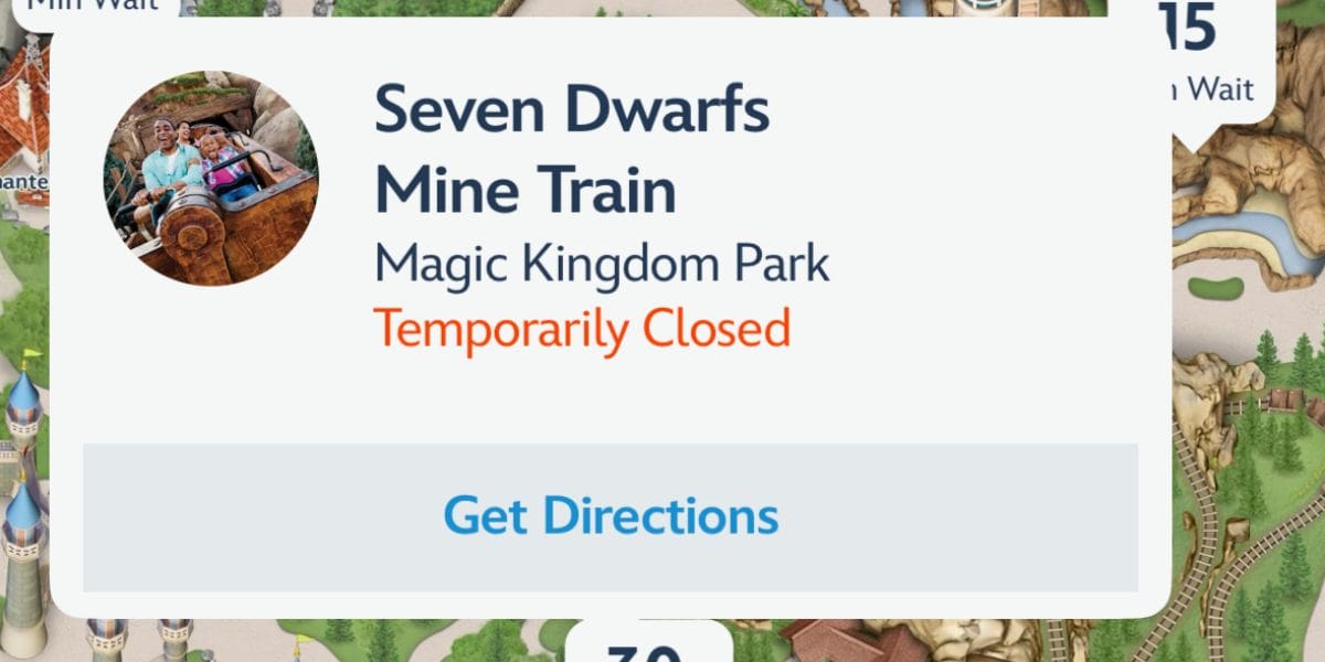 Seven Dwarfs Mine Train listed as temporarily closed on the Walt Disney World Resort app.