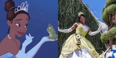 Animated Tiana holds a frog (left), Tiana rides a parade float at Magic Kingdom (right)