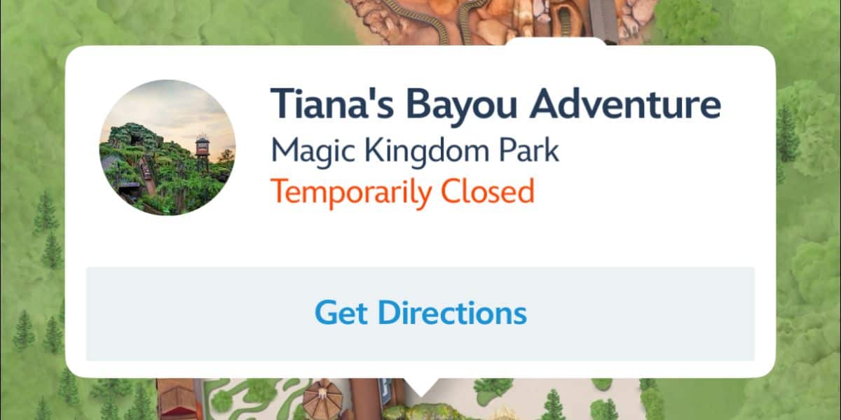 Tiana's Bayou Adventure listed as closed on the My Disney Experience app on July 30. 
