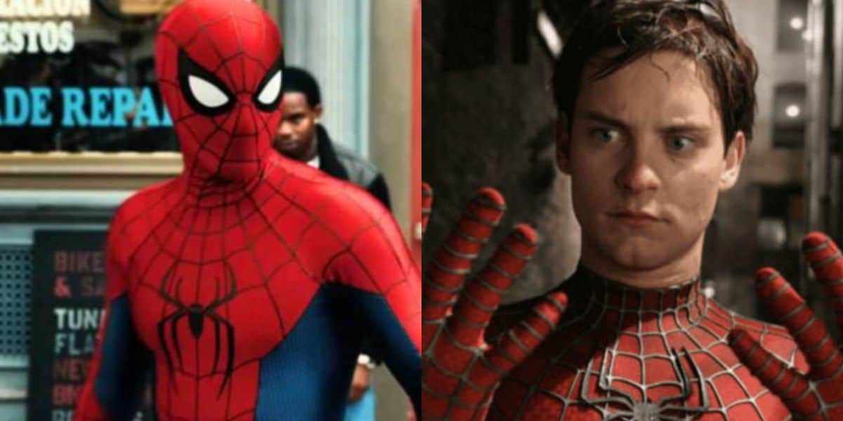 split image: on the left, tom holland as spider-man in 'spider-man: brand new day.' on the right, tobey maguire as spider-man