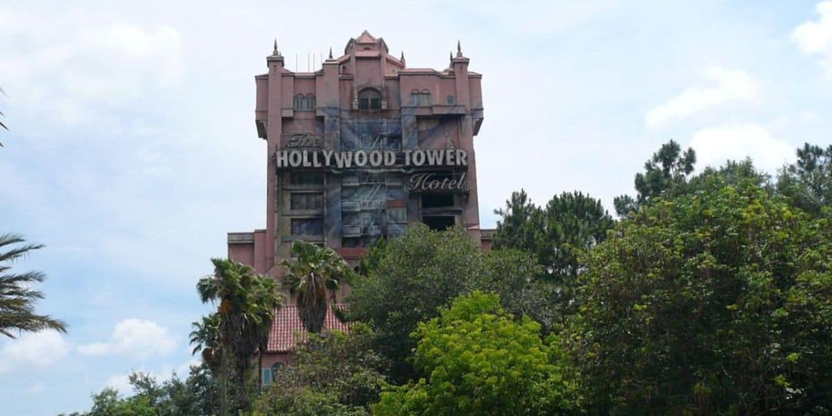 Trees line the bottom of the Tower of Terror at Disney's Hollywood Studios.
