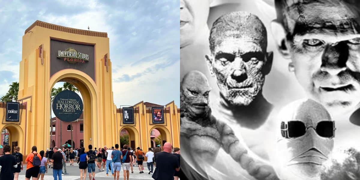 split image: on the left, the entrance arch to Universal Studios Florida. on the right, collage of classic monsters