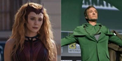 split image: on the left, Elizabeth Olsen as Scarlet Withc/Wanda Maximoff. on the right, Doctor Doom