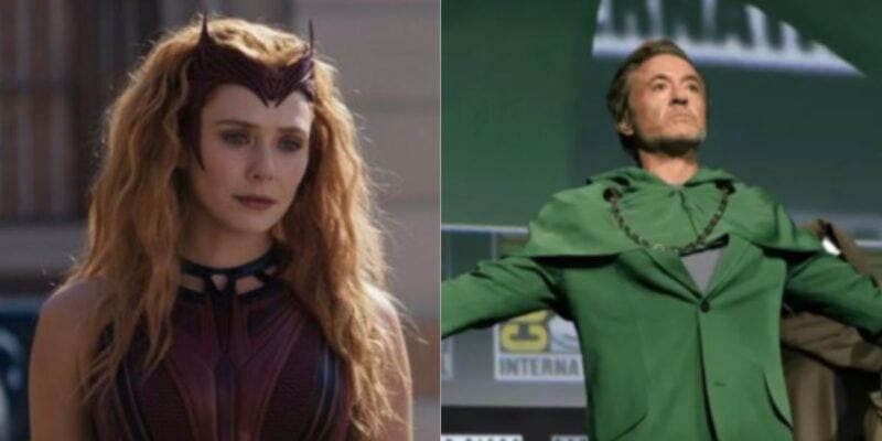 split image: on the left, Elizabeth Olsen as Scarlet Withc/Wanda Maximoff. on the right, Doctor Doom