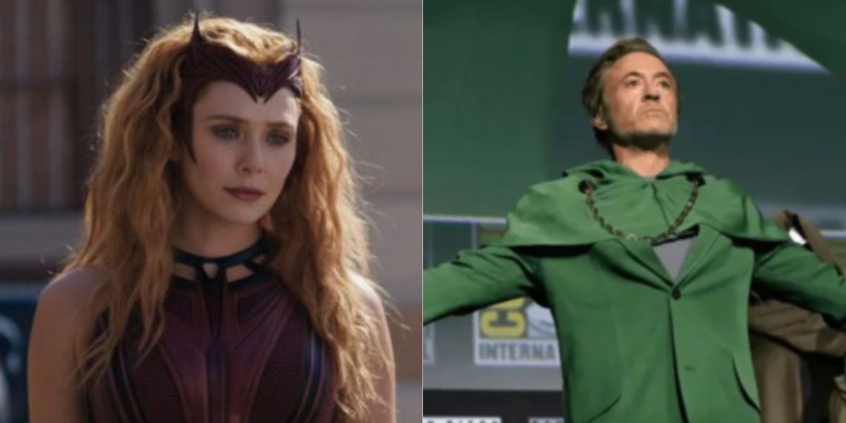 split image: on the left, Elizabeth Olsen as Scarlet Withc/Wanda Maximoff. on the right, Doctor Doom