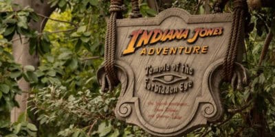 Interior of the Indiana Jones Adventure queue at Disneyland Park, featuring the Temple of the Forbidden Eye's themed stone passageways.