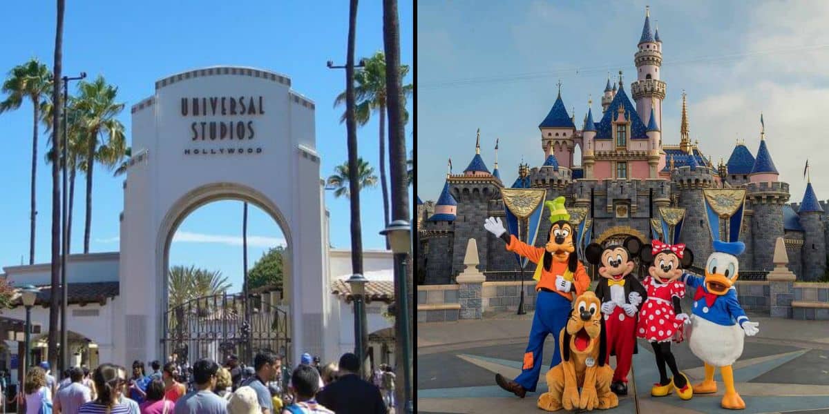 Left: The iconic Universal Studios Hollywood arch welcomes guests to the world-famous California theme park. Right: Beloved Disney characters gather in front of Sleeping Beauty Castle at Disneyland, though a recent measles outbreak caused many vacation plans to be put on hold.