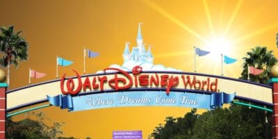 The iconic Walt Disney World entrance sign welcomes guests with its magical castle, waving flags, lush palm trees, and a radiant sun shining in the background, setting the stage for an unforgettable day of fun and adventure.