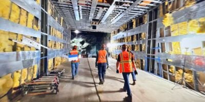 A team of workers in bright safety vests explore a behind-the-scenes tunnel under construction, revealing the unfinished magic beneath the theme park with its exposed walls and ceiling.