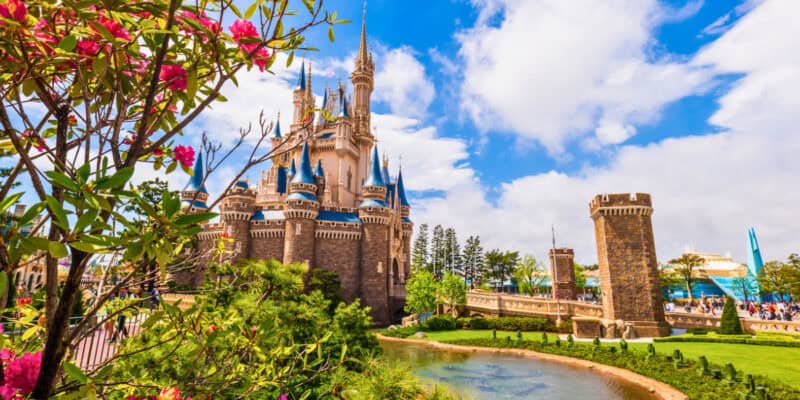 A magical castle with soaring towers beneath a sunny sky, nestled in landscaped gardens with colorful flowers, trees, and a sparkling stream—inviting guests to explore a storybook world of adventure and fun.