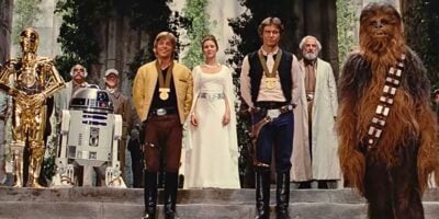 L to R: C-3PO, R2-D2, Luke, Leia, Han, and Chewbacca at the end of 'A New Hope'
