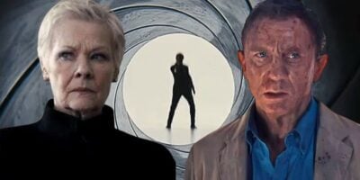 Split image: L - Daniel Craig in 'No Time to Die', Middle - the James Bond gun barrel intro, R - Judi Dench as M