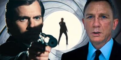 Split image: L - Henry Cavill in 'The Man From U.N.C.L.E.', Middle - the James Bond gun barrel intro, R - Daniel Craig in 'No Time to Die'