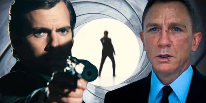 Split image: L - Henry Cavill in 'The Man From U.N.C.L.E.', Middle - the James Bond gun barrel intro, R - Daniel Craig in 'No Time to Die'