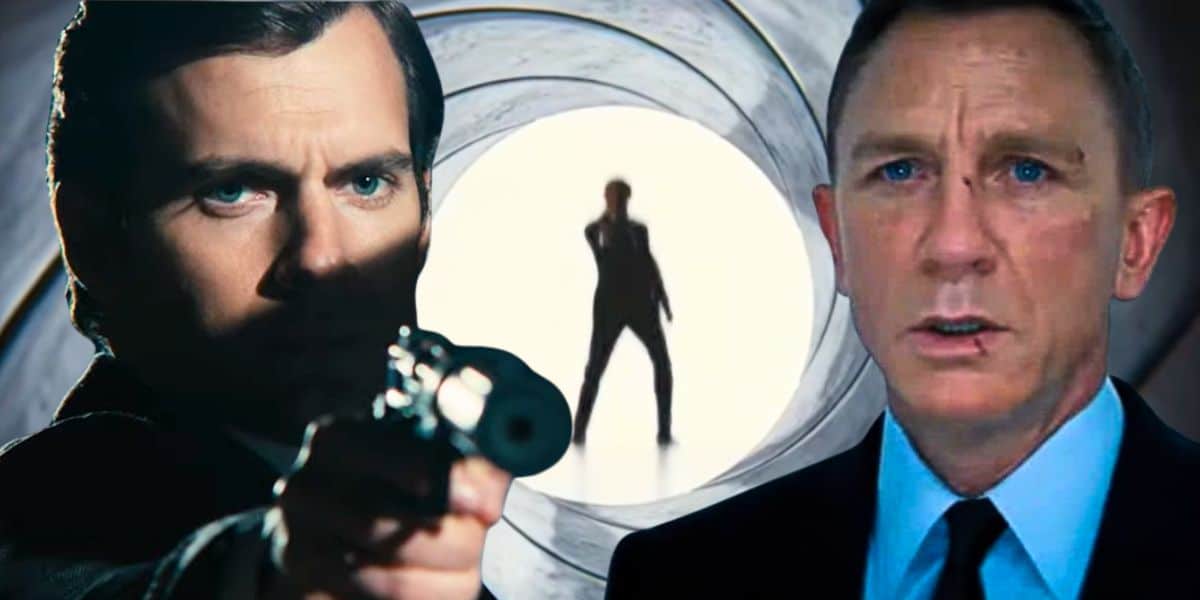 Split image: L - Henry Cavill in 'The Man From U.N.C.L.E.', Middle - the James Bond gun barrel intro, R - Daniel Craig in 'No Time to Die'