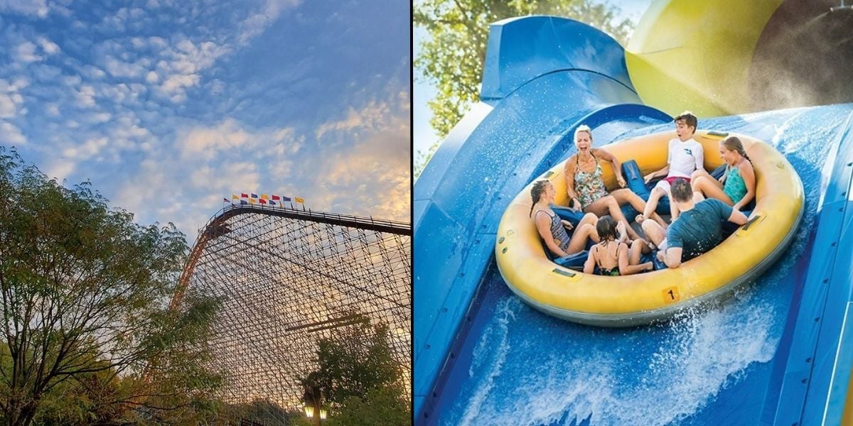 Left: Thrilling coaster tracks reaching into the vibrant theme park sky. Right: Excited guests racing down a bright blue water slide in a yellow raft—enjoy smoother adventures with our Zero-Loss Ticket system for effortless entry and non-stop fun.