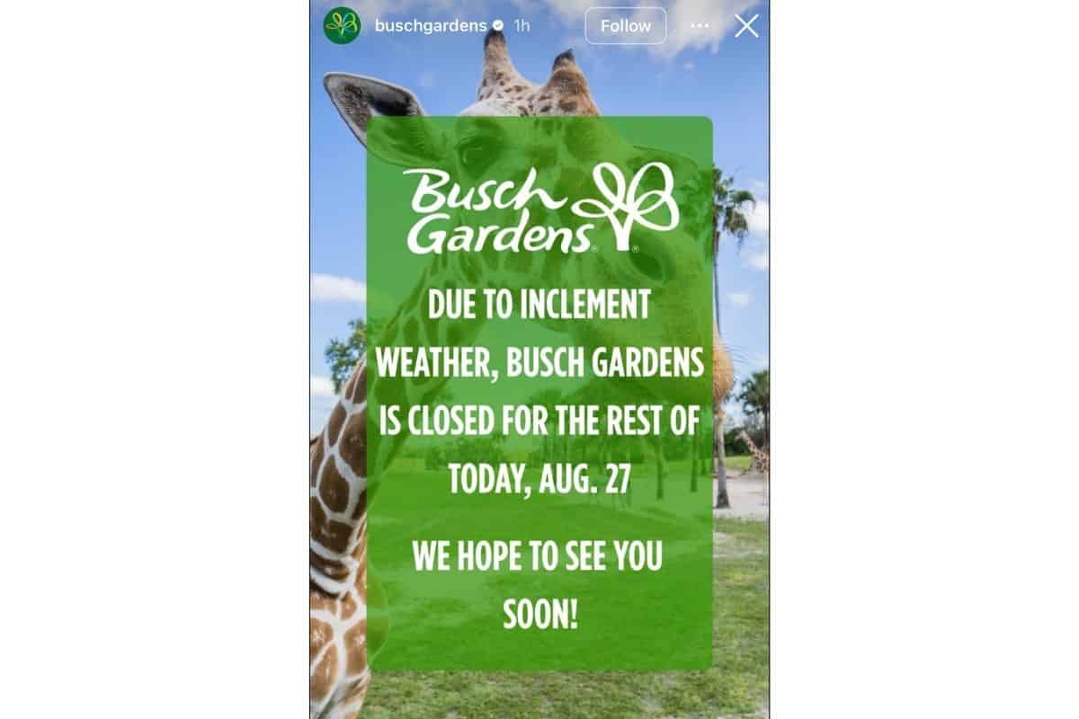 Busch Gardens Tampa Bay announces weather closure on August 27