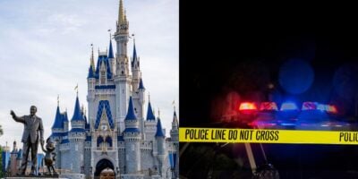 split image: on the left, disney world's cinderella castle. on the right, police tape
