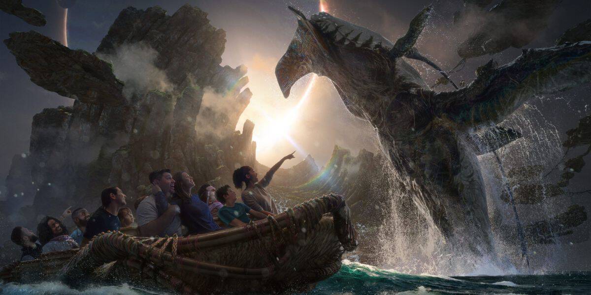 a dragon flying over a boat ride of guests at the new Avatar Land in Disneyland